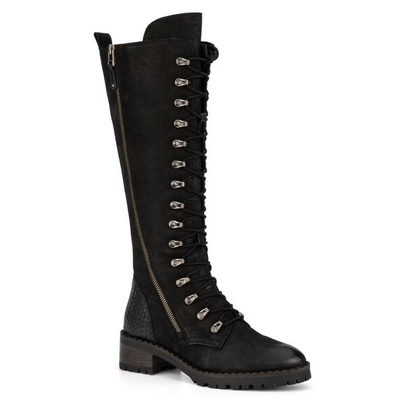 Vintage Foundry Co. Henrietta Black Suede Lace-Up Side Zip Knee High Boots Sz 8